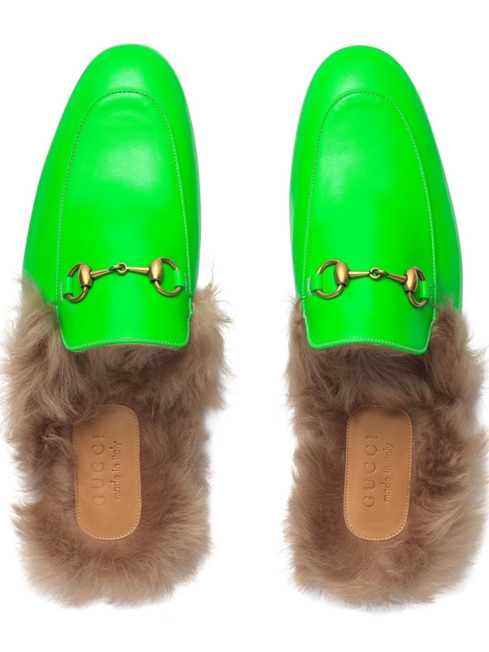 GUCCI Neon Green Calfskin Fur Princetown Slippers (Mens 7/Womens 9)